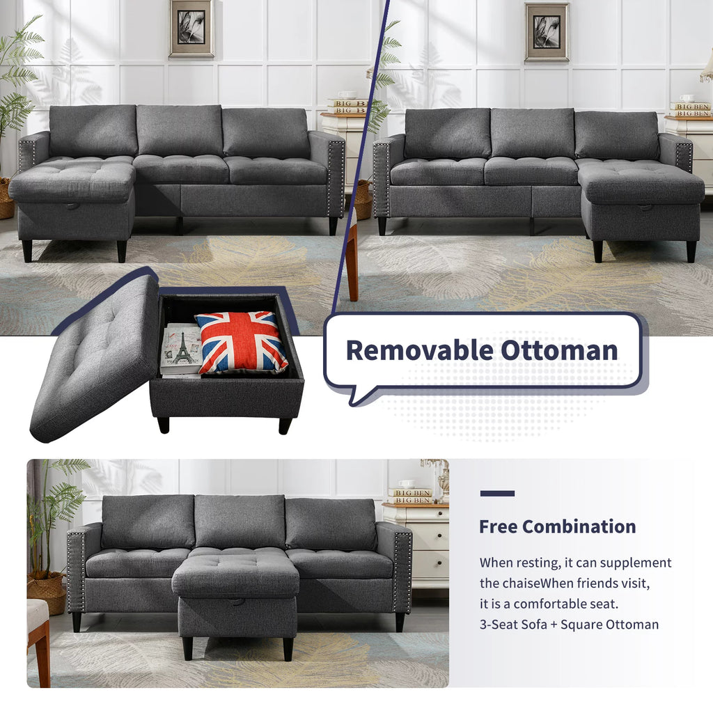 ZAFLY Reversible Sectional Couch, 3-Seat L-Shaped Modular Sleeper Sofa Bed with Storage Ottoman, Dark Grey D36329