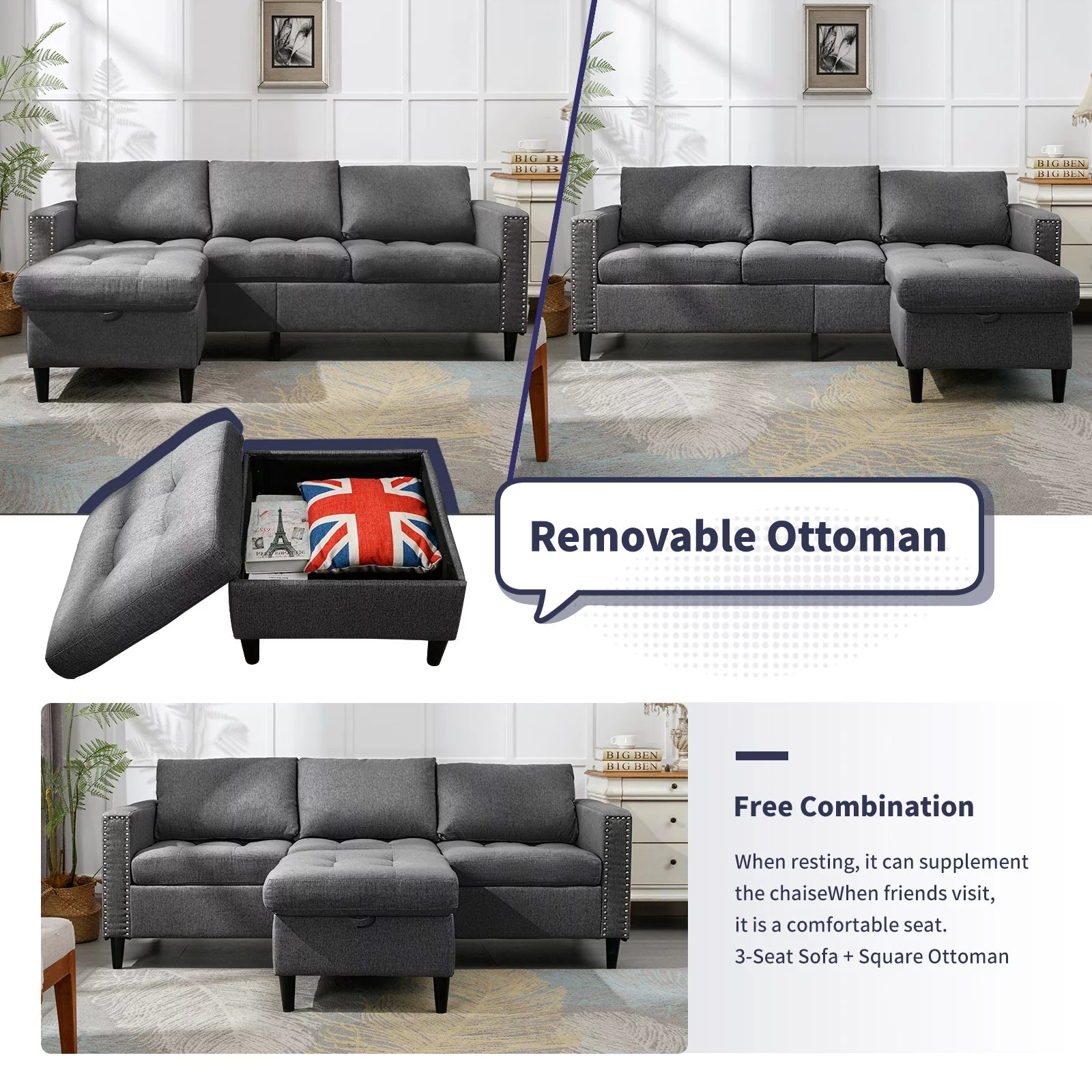 ZAFLY Reversible Sectional Couch, 3-Seat L-Shaped Modular Sleeper Sofa Bed with Storage Ottoman, Dark Grey D36329