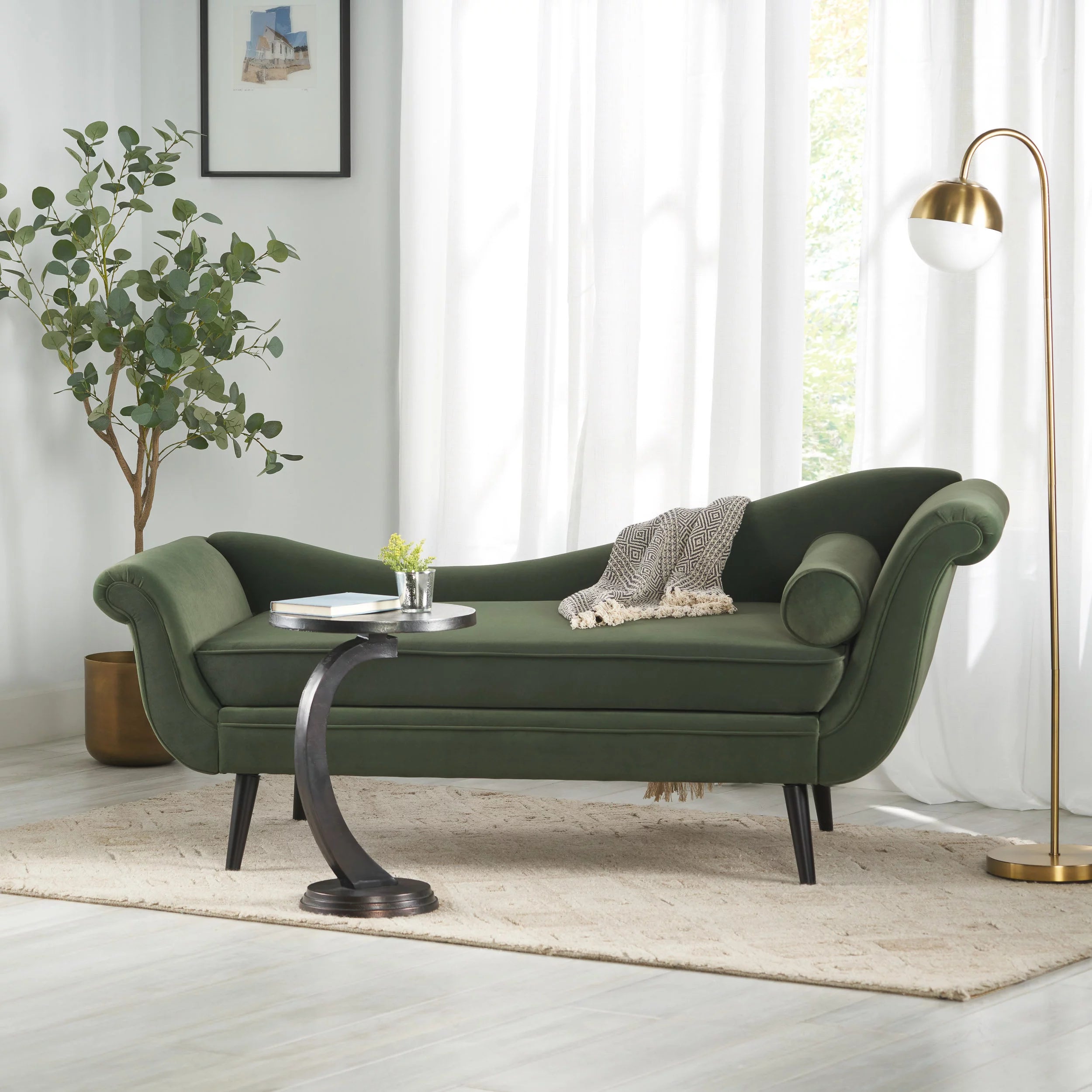 Noble House Xane Indoor Fabric Chaise Lounge with Bolster Pillow, Sage Green L7841