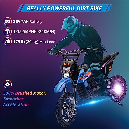 36V Electric Dirt Bike for Kids, 500W Motor, 15.5MPH, Blue G3910
