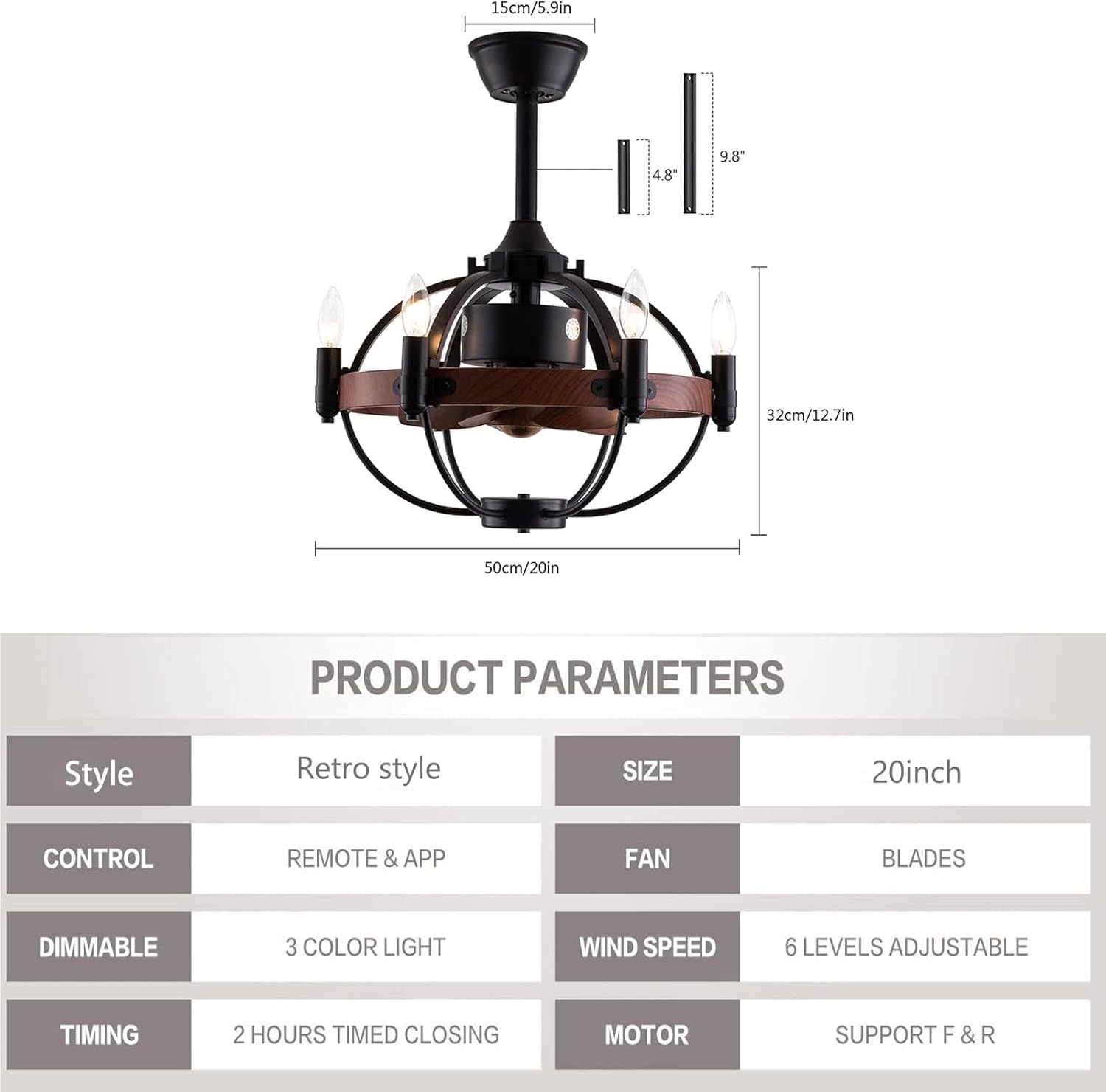 OUKANING Farmhouse Enclosed Ceiling Fan with Light and Remote Control, 22 inches B4403