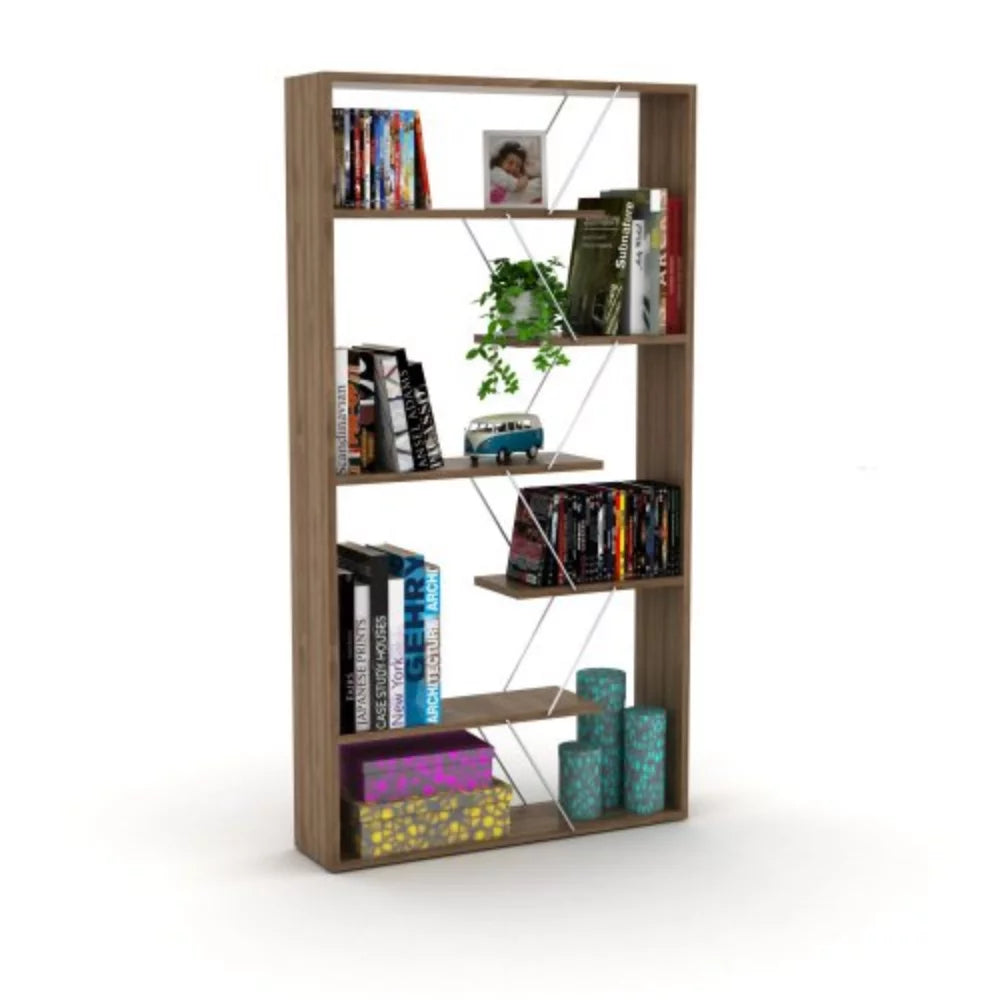 Wood Frame Etagere 6-Shelf Bookcase for Office and Living Room, Walnut/Chrome Z477749
