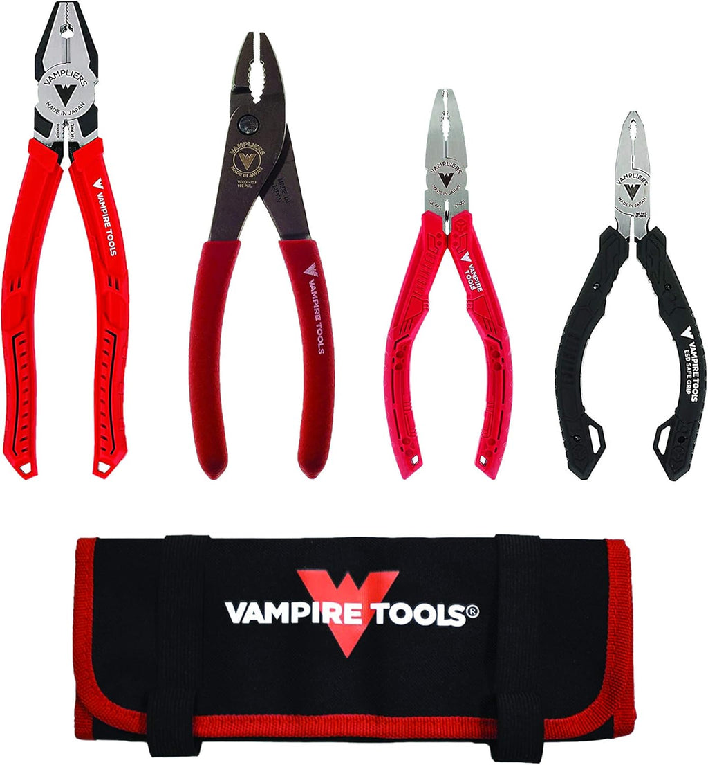 VAMPLIERS 4-Piece Screw Extractor Pliers Tool Set. High Carbon Steel. Made in Japan: 8" Linesman Combination Pliers, 7" Slip-Joint, 6.25" Multipurpose Pliers & 5" ESD Safe Grip Pliers + Tool Pouch.