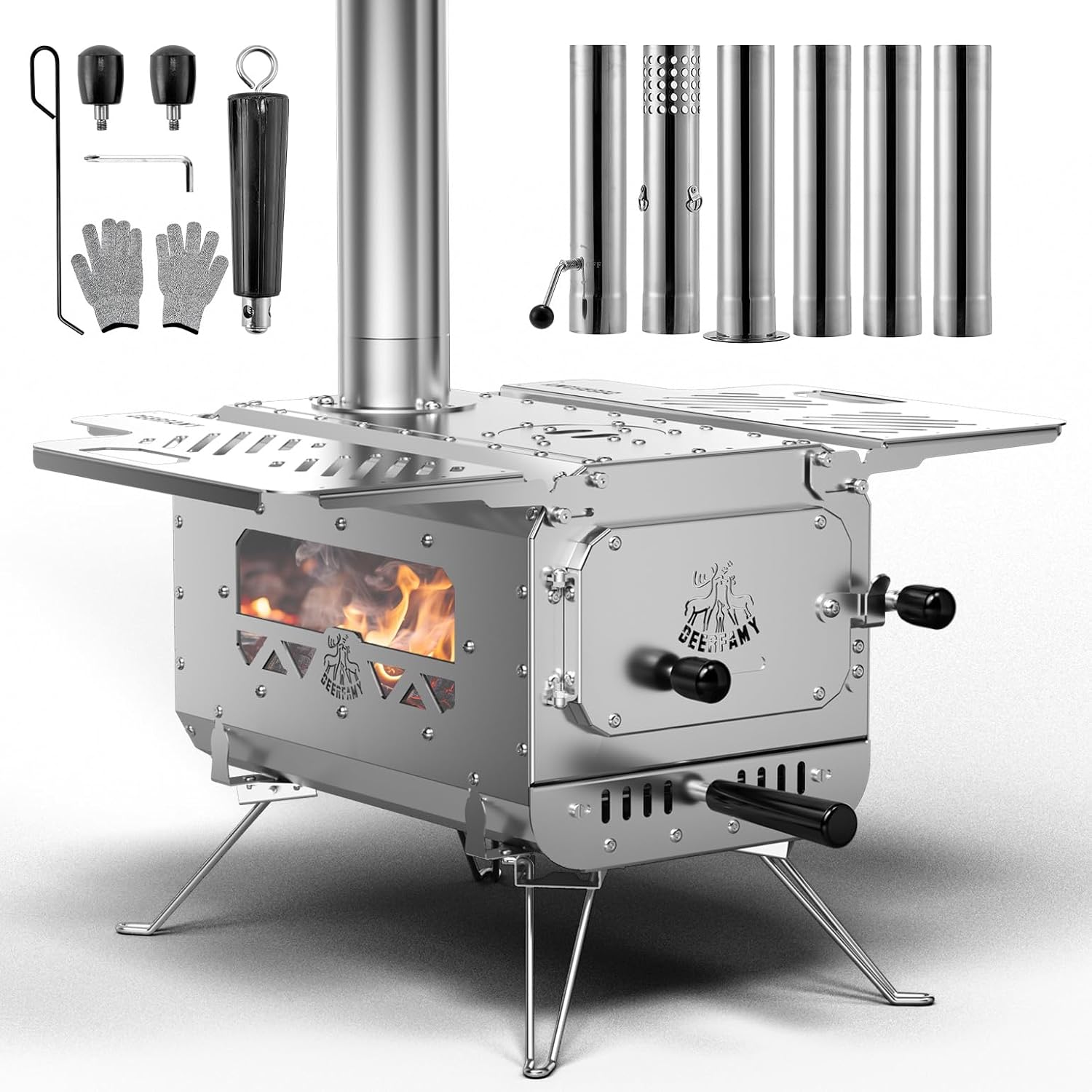 DEERFAMY Portable Stainless Steel Tent Stove with 6 Chimney Pipes M679