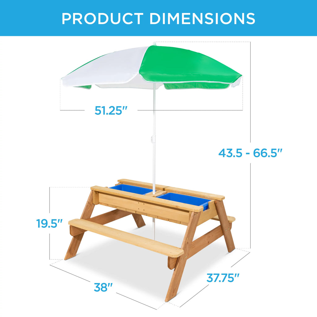 Kids 3-in-1 Outdoor Convertible Wood Sand & Water Picnic Table with Umbrella, Green S2103