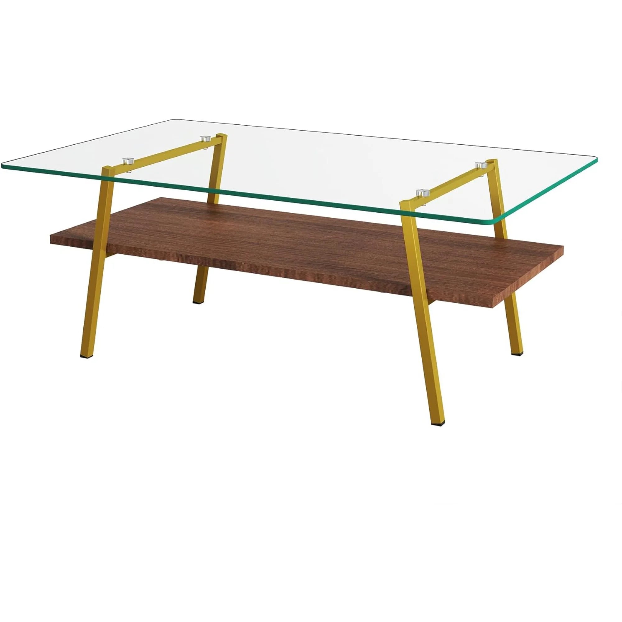 BJSN Glass Coffee Table for Living Room with Wood Shelves, Black Frame I645