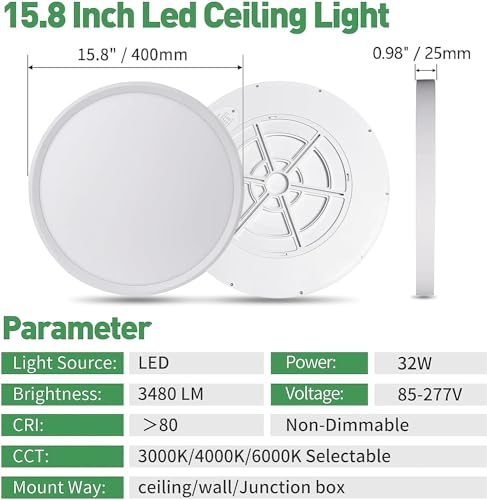 4PK 15.8 Inch LED Flush Mount Ceiling Light, 32W, CCT Selectable L9727