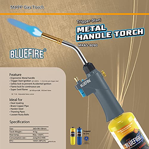 BLUEFIRE BTS-8090 Auto ON/OFF Gas Welding Torch Head for MAPP/Propane 1lb Bottle C964