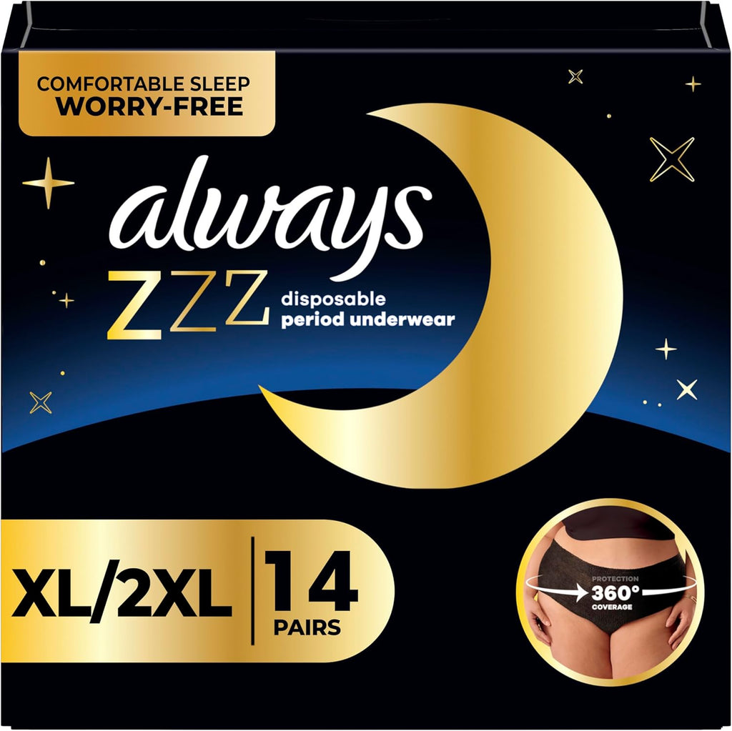 Always ZZZ Overnight Disposable Period Underwear for Women Sz XL, 360° Coverage for Worry-Free Nights, 7 Count x 2 Packs (14 Count Total)