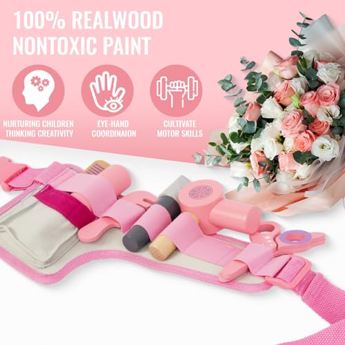 Wooden Hair Salon Toys for Girls Pretend Play Set with Blow Dryer and Styling Accessories Q445