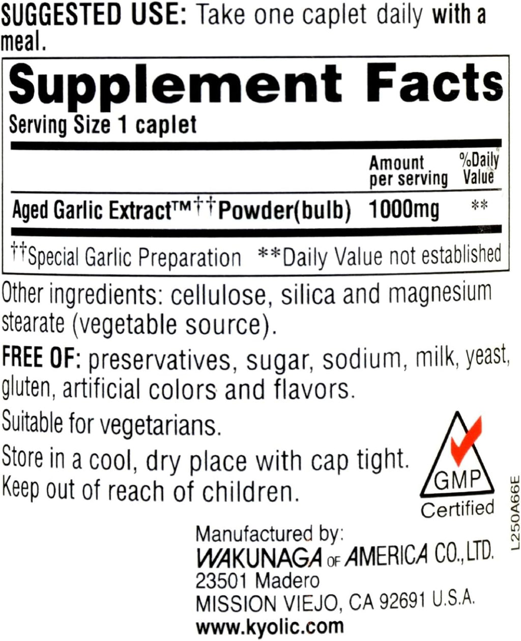 Kyolic Aged Garlic Extract One Per Day Cardiovascular 1000 mg, 60 Caplets J2812