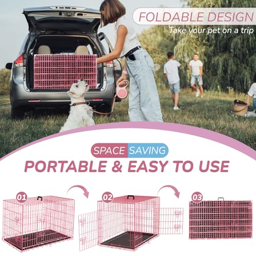 Large Dog Crate 42 Inches Double Door Folding Metal Wire Pet Kennel with Divider Panel F6603
