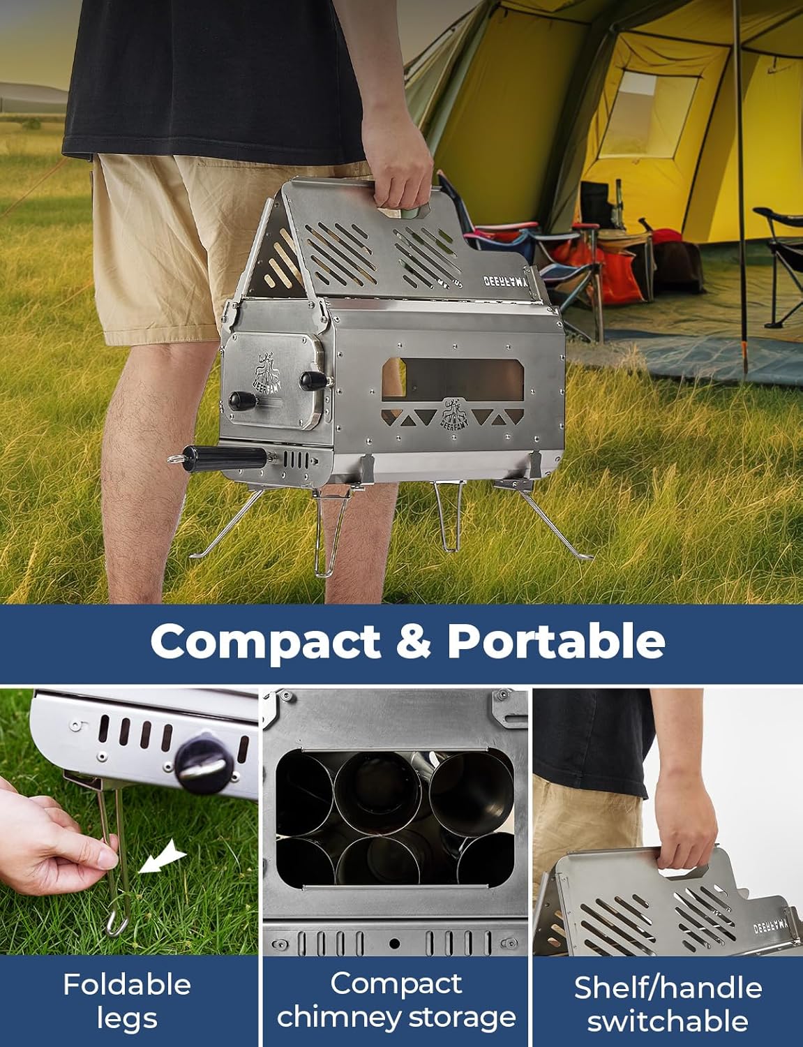 DEERFAMY Portable Stainless Steel Tent Stove with 6 Chimney Pipes M679