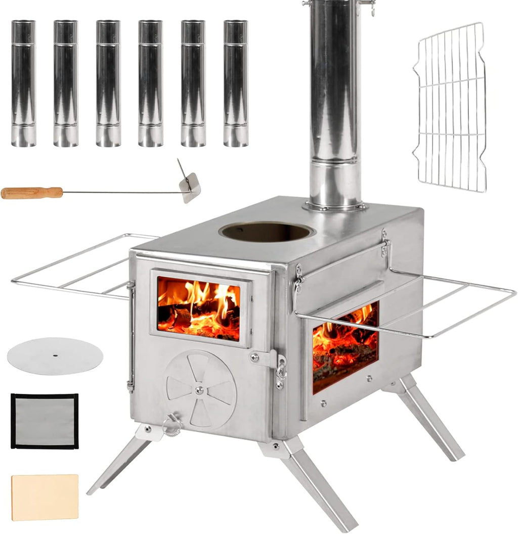 GRAVFORCE Camping Stove, Outdoor Tent Stove, Portable Wood Burning Stove with Chimney Pipes, Stainless Steel Tent Heater for Camping, Heating and Cooking