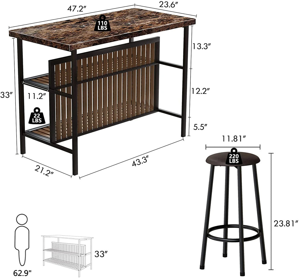 tantohom 3-Piece Bar Table Set with 2 Chairs, 47 inch, Artificial Marble Top, Brown D702