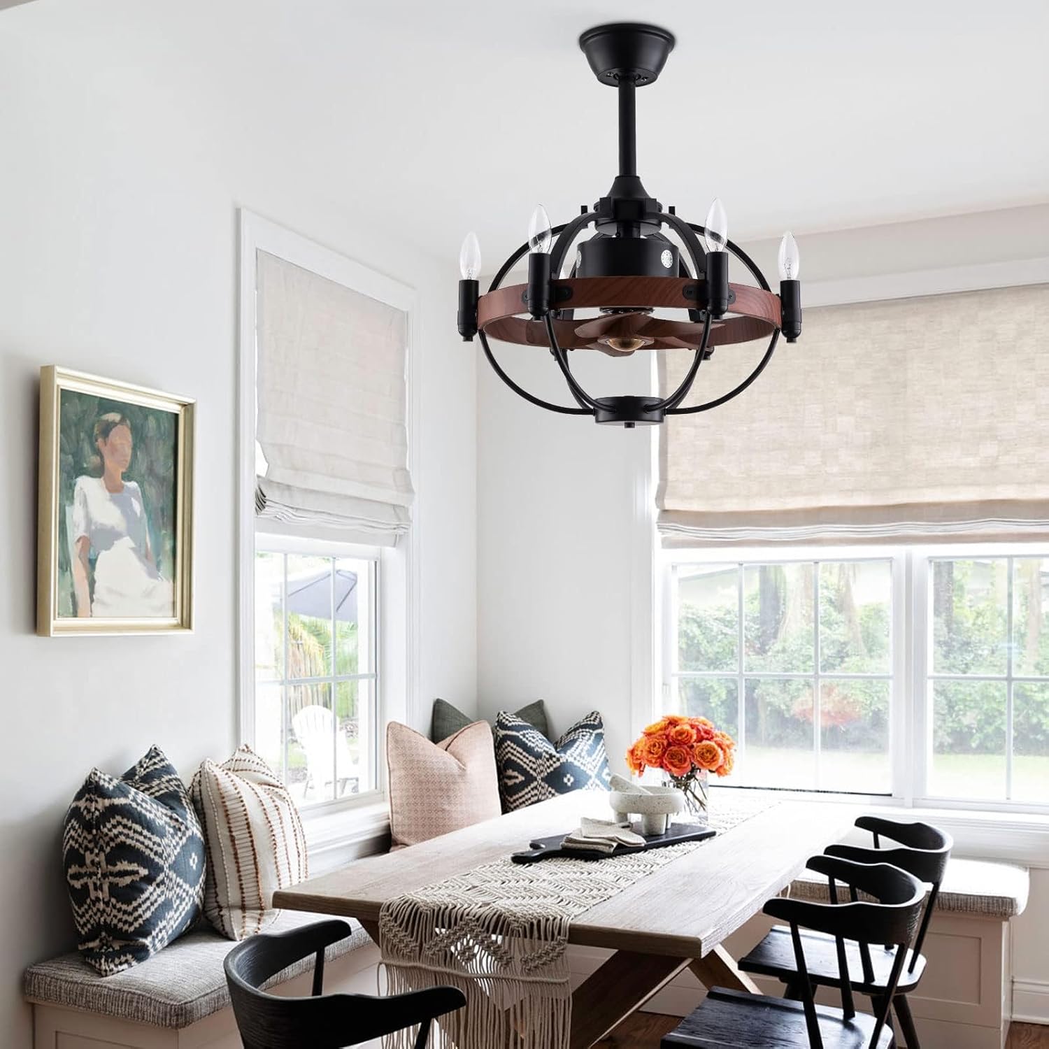 OUKANING Farmhouse Enclosed Ceiling Fan with Light and Remote Control, 22 inches B4403