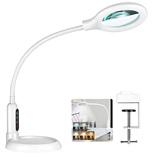5X Magnifying Glass with Light and Clamp, 5 Color Modes Stepless Dimmable Lighted Magnifier with Stand, Flexible Gooseneck LED Desk Lamp Hands Free for Craft Painting Hobby Close Work