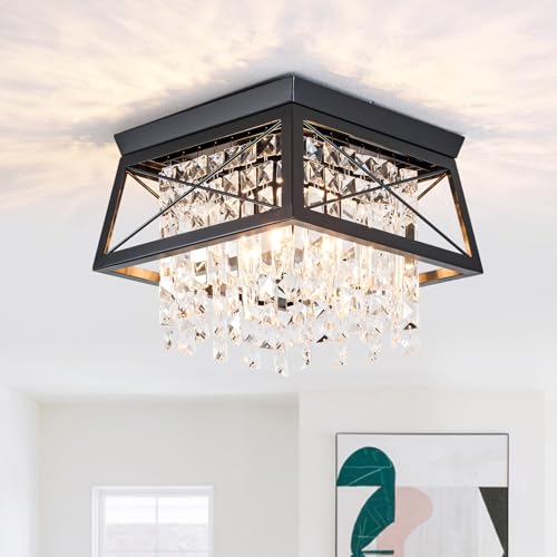 Crystal Flush Mount Ceiling Light, 11.8 inch 4-Light Black Farmhouse Lighting Metal Ceiling Light, Modern Trapezoid Hallway Light Fixtures Ceiling Mount for Bedroom Kitchen Laundry Entryway Foyer