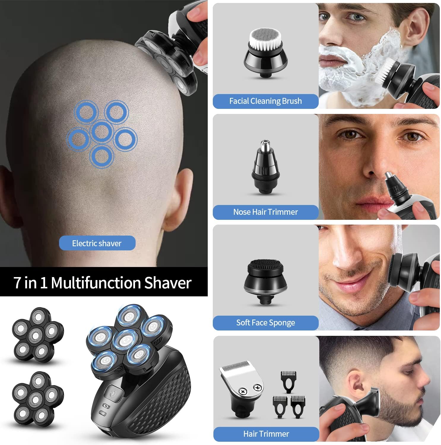 6D Electric Shaver for Bald Men 7 in 1 Rotary Head Waterproof Rechargeable M270826