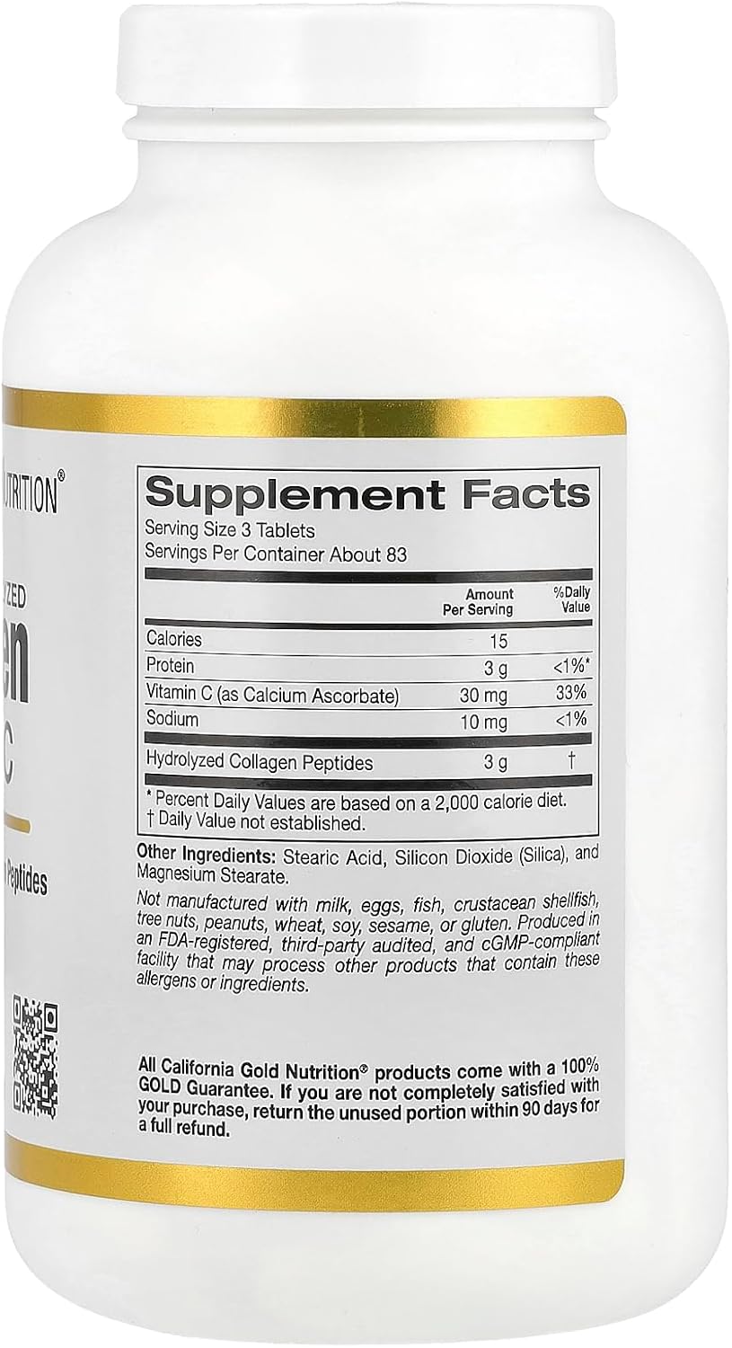 Hydrolyzed Collagen Peptides + Vitamin C by California Gold Nutrition, 250 Tablets X6349