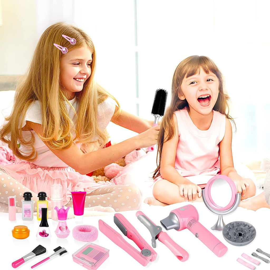 deAO Girls Beauty Salon Set 35pcs Kids Pretend Play Makeup with Hairdryer, Mirror, Curling Iron Q956