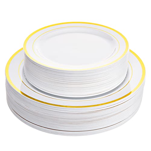 Aya's Cutlery Kingdom 100 White Plastic Plates Disposable with Gold Trim, 50 Plastic Dinner Plates 10.25" + 50 Salad, Dessert, Appetizer Plates 7.5" - Premium Elegant Heavy-Duty Christmas Party Plate