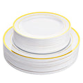 Aya's Cutlery Kingdom 100 White Plastic Plates Disposable with Gold Trim, 50 Plastic Dinner Plates 10.25" + 50 Salad, Dessert, Appetizer Plates 7.5" - Premium Elegant Heavy-Duty Christmas Party Plate
