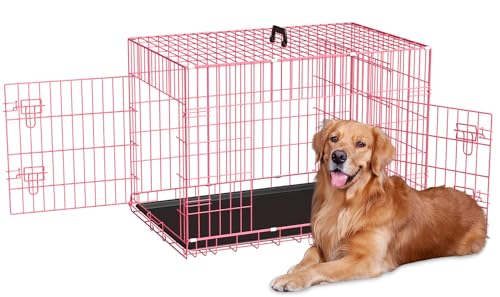 Large Dog Crate, 42 Inches Double Door Pet Crate Folding Metal Wire Dog Cage Pet Dog Kennel with Divider Panel, Leak-Proof Plastic Pan, Indoor Outdoor Pet Crates for Medium and Large Breed Pet Animals