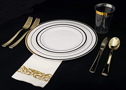 Aya's Cutlery Kingdom 100 White Plastic Plates with Gold Trim, 50 Dinner + 50 Salad Plates A6218