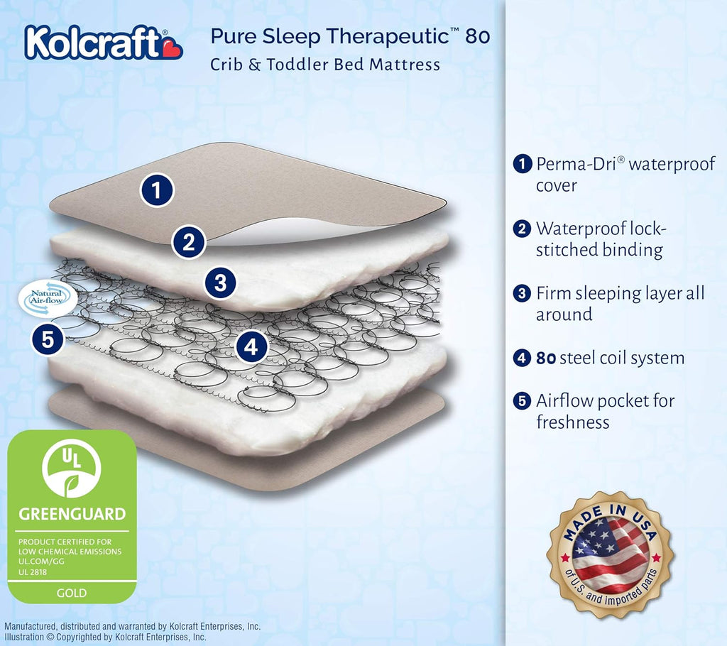 Kolcraft Pure Sleep Therapeutic 80 Waterproof Baby Crib & Toddler Mattress, GREENGUARD GOLD Certified, Made in USA A608