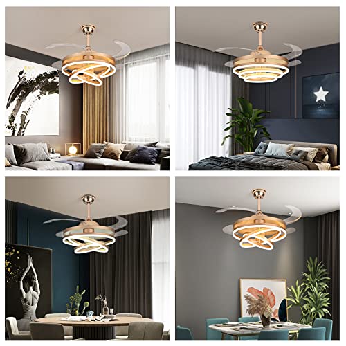 42" Invisible Ceiling Fan Chandelier Light, Modern Remote Control, Gold E3119