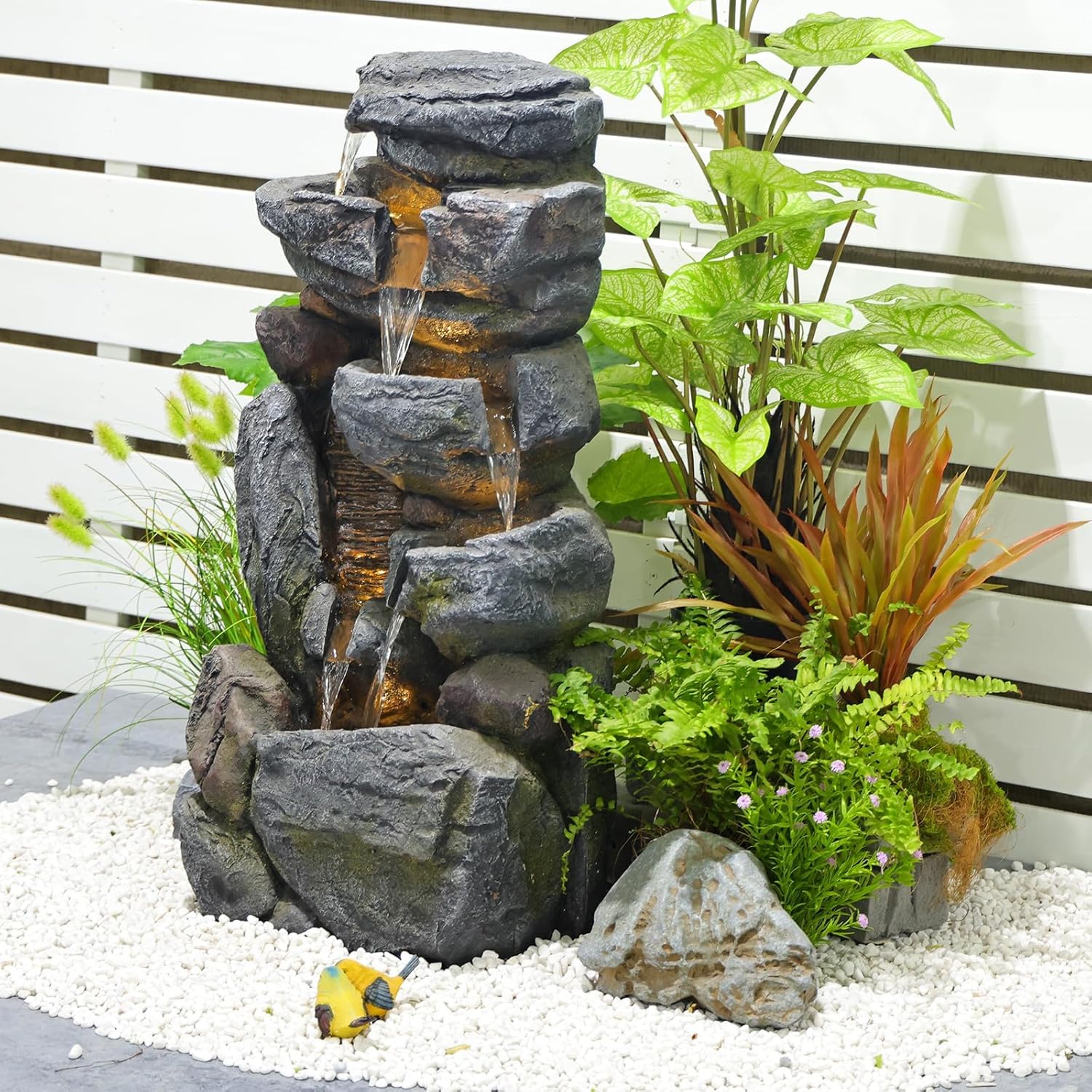 Grey 5-Tiered Rock Water Fountain Outdoor Garden with Light H5932