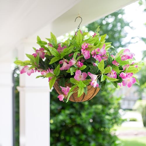 Artificial Faux Pink Azalea Hanging Basket for Outdoor Patio Garden Decor Y999