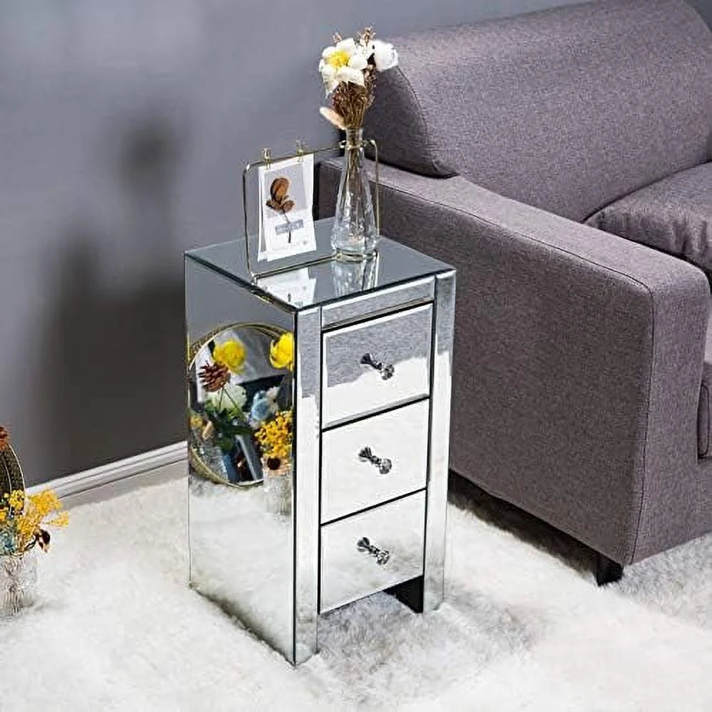 RUNFAYBIU Mirrored Nightstand with 3 Drawers and Crystal-Style Knobs E8054