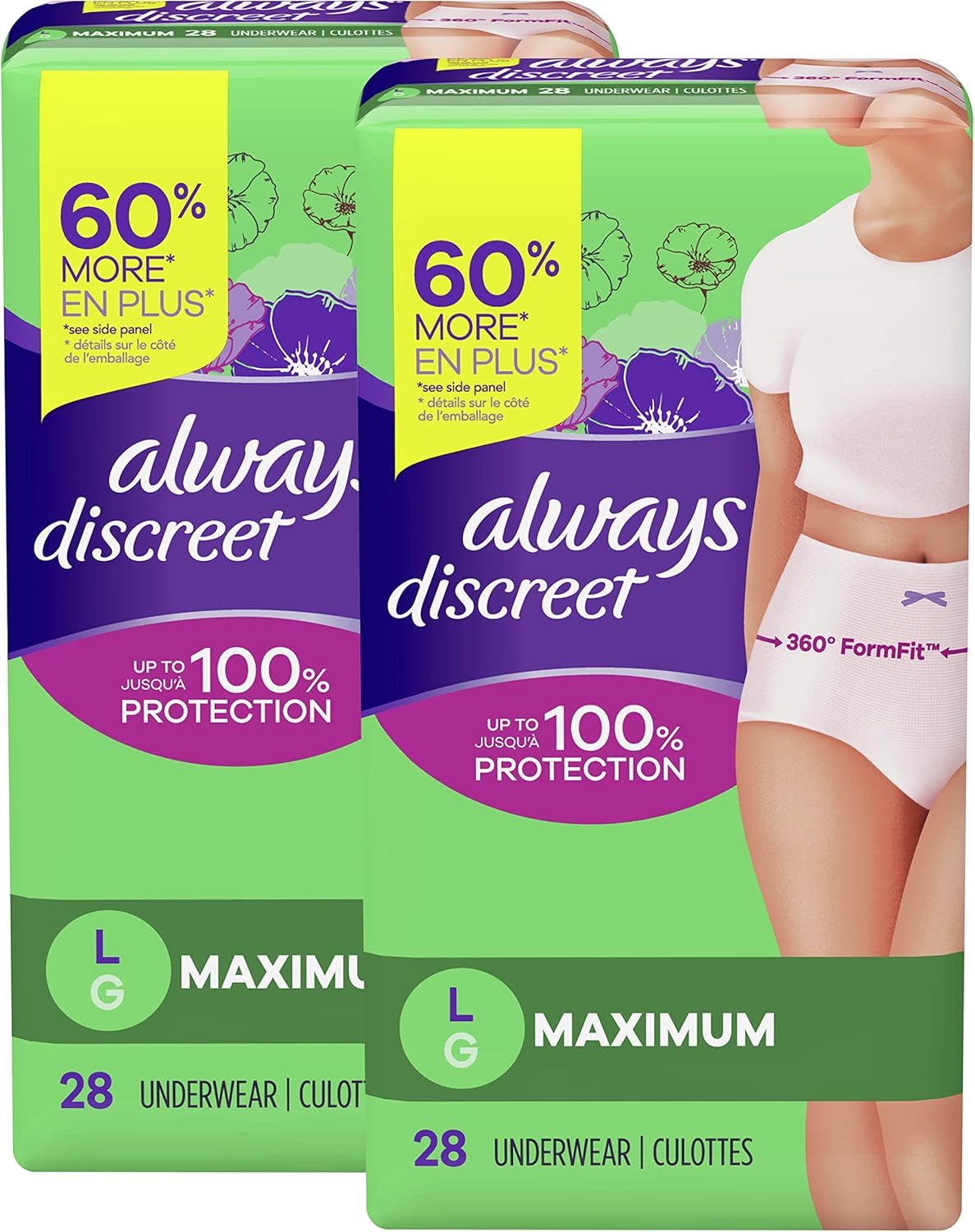 Always Discreet Maximum Incontinence & Postpartum Underwear for Women, Large, 28 Count L77626