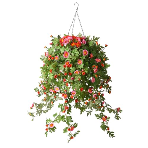 INQCMY Artificial Hanging Flowers with Basket,Silk Flower Arrangements,4 Pack Chrysanthemum Flowers with 12 inch Coconut Lining Basket for Patio Garden Porch Deck Decoration(Purple Red)