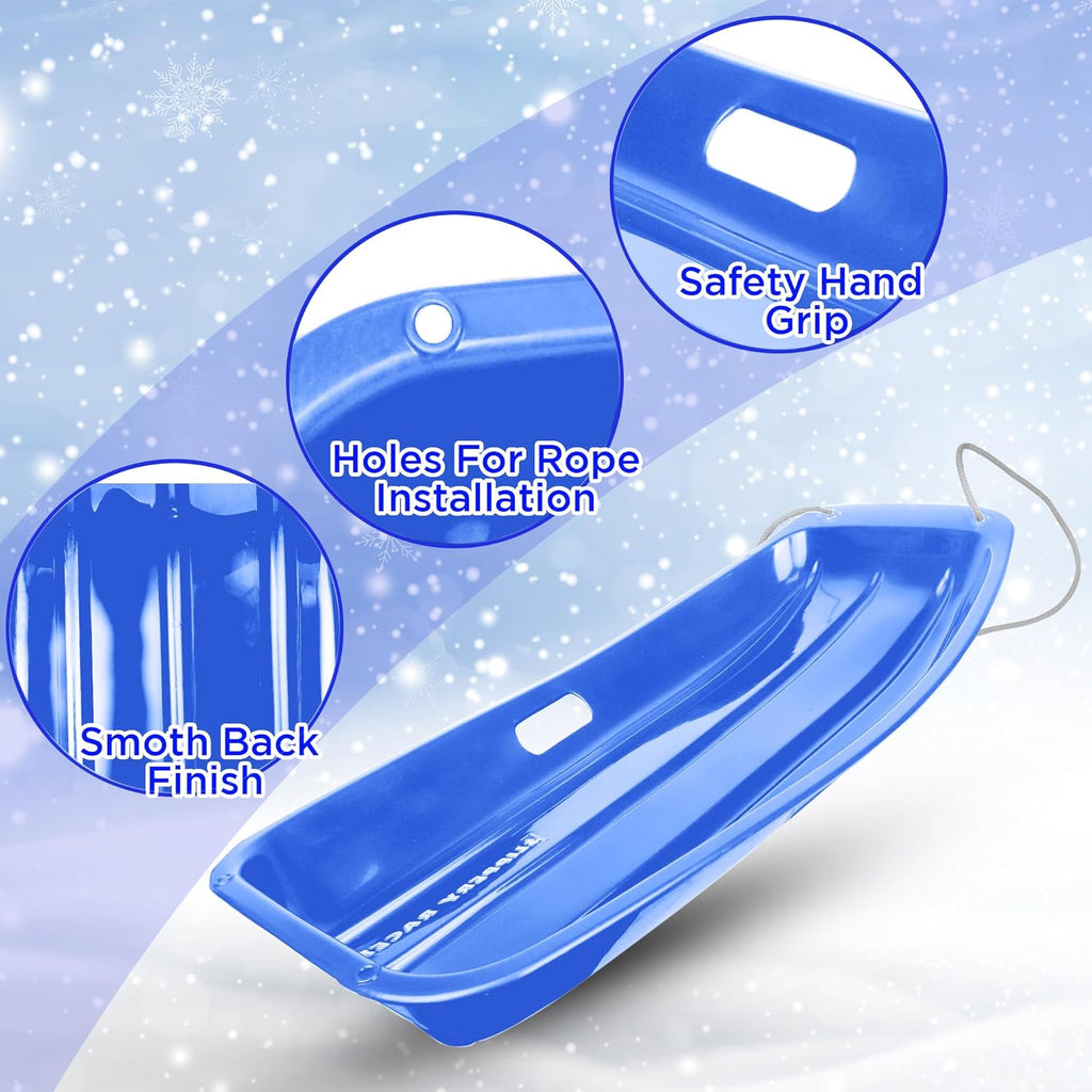 Downhill Sprinter Flexible Plastic Toboggan Snow Sled with Handles and Pull Rope, Blue (3 Pack) A3554