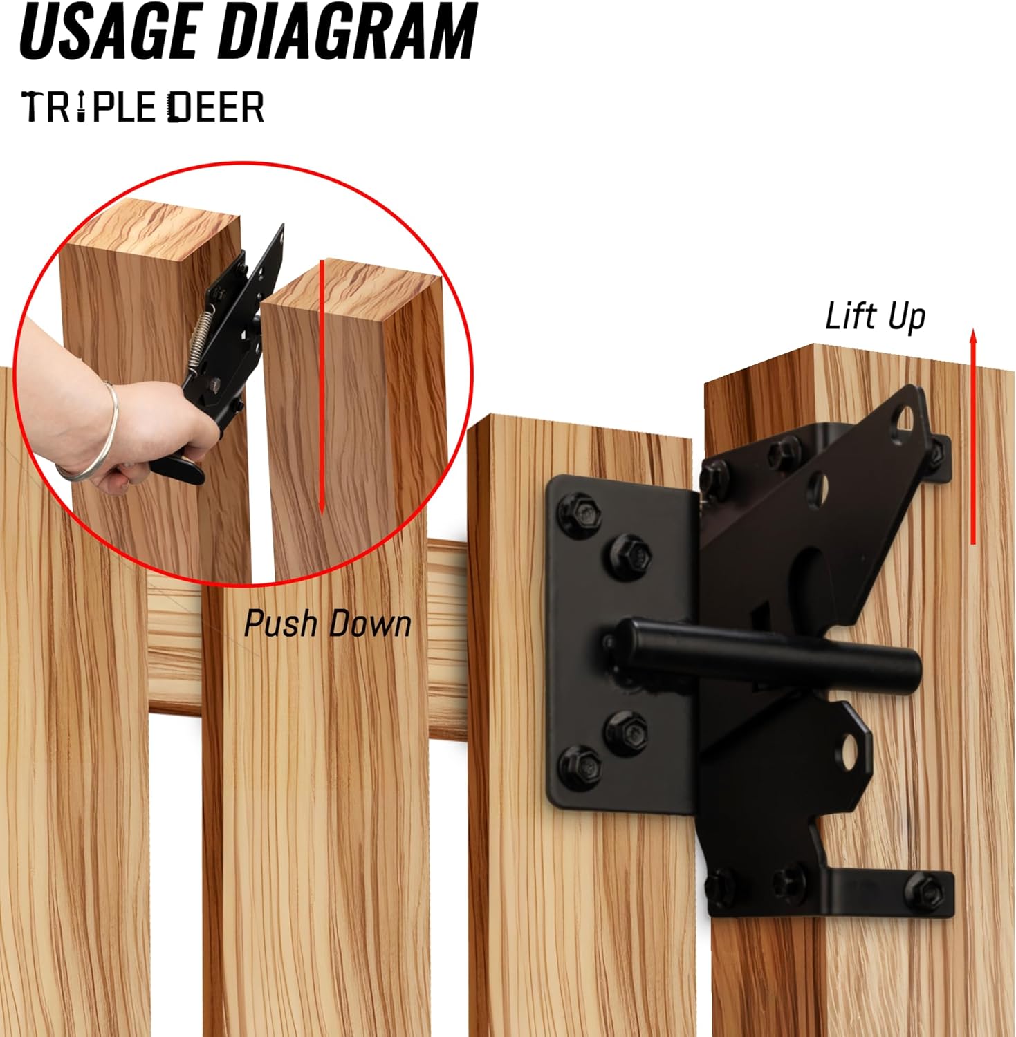 Self-Locking Gate Latch, Heavy Duty Post Mount for Wooden Fence, Black X6262
