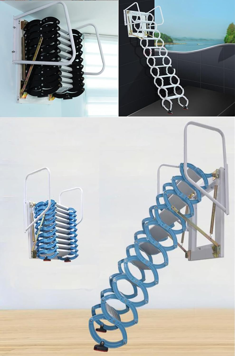 TECHTONGDA Loft Ladder Al-Mg Alloy Attic Stairs Wall-mounted Folding with Armrests 9.8ft F936