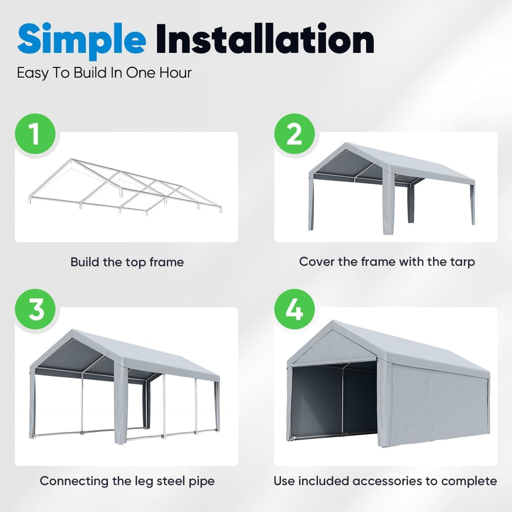 Quictent 10'x20' Heavy Duty Carport Car Canopy Galvanized Steel Shelter Silver Gray J750251