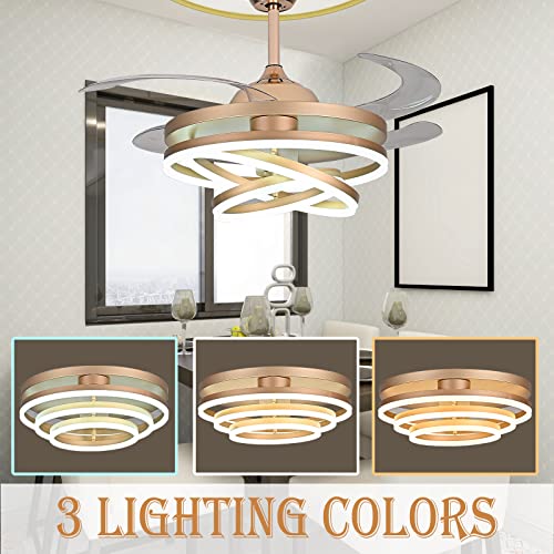 42" Invisible Ceiling Fan Chandelier Light, Modern Remote Control, Gold E3119