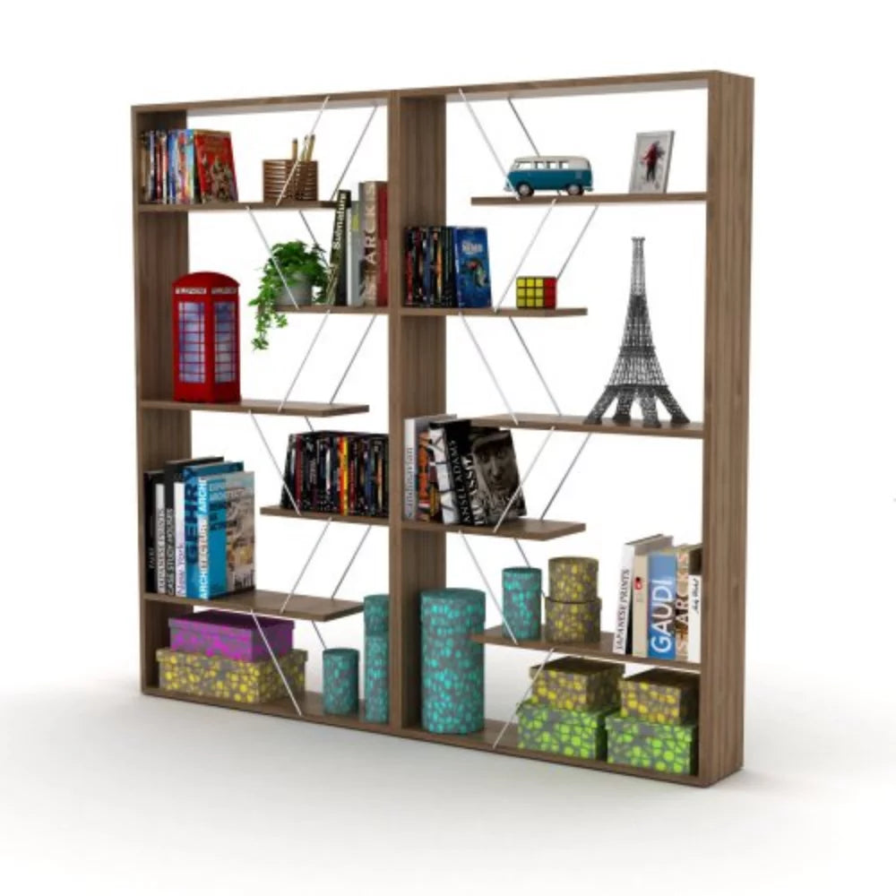 Wood Frame Etagere 6-Shelf Bookcase for Office and Living Room, Walnut/Chrome Z477749