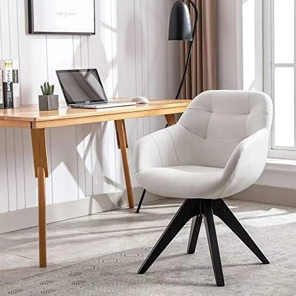 HOOMZNB Mid Century Modern Swivel Armchair  Fabric Accent Chair  Home Office Desk Chair No Wheels  Dining Chair with Black Oak Wood Legs for Small Space Slim Adult  Light Grey