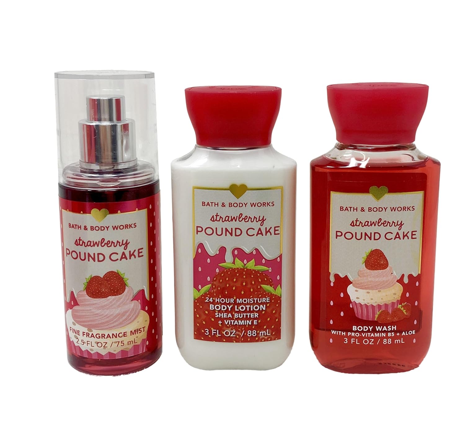 Bath and Body Work Strawberry Pound Cake - Mini Gift Set - Fragrance Mist, Body Lotion and Body Wash
