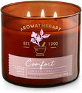 Bath and Body Works White Barn Aromatherapy Comfort 3 Wick Candle Vanilla Patchouli Amber Glass With Black Lid 14.5 Ounce