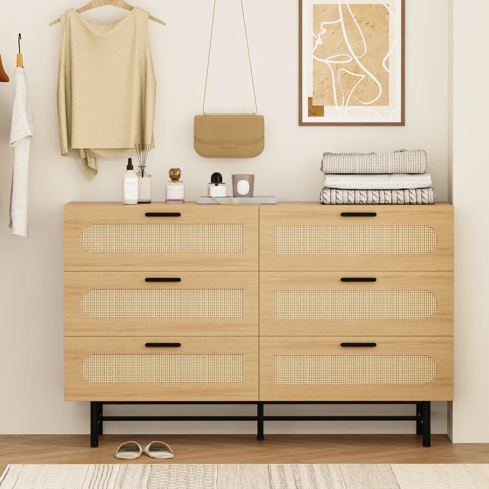REHOOPEX 6 Drawer Dresser for Bedroom, Natural Rattan Chest of Drawers K6870