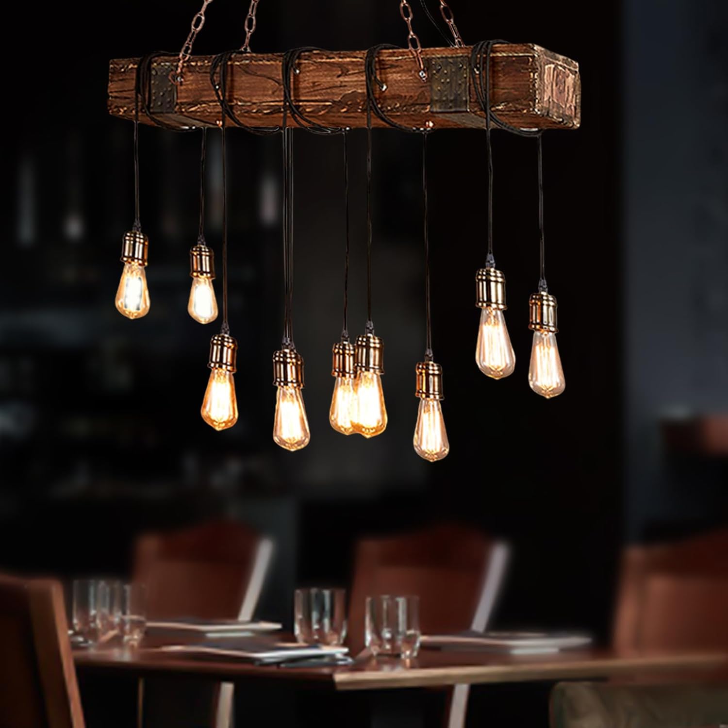 Rustic Industrial 10-Light 46in Linear Chandelier for Kitchen Island Dining Room X60729