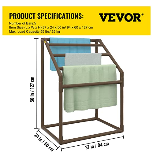 VEVOR Pool Towel Rack, 5 Bar, Brown, Freestanding Outdoor PVC, with Towel Clips and Mesh Bag X972199
