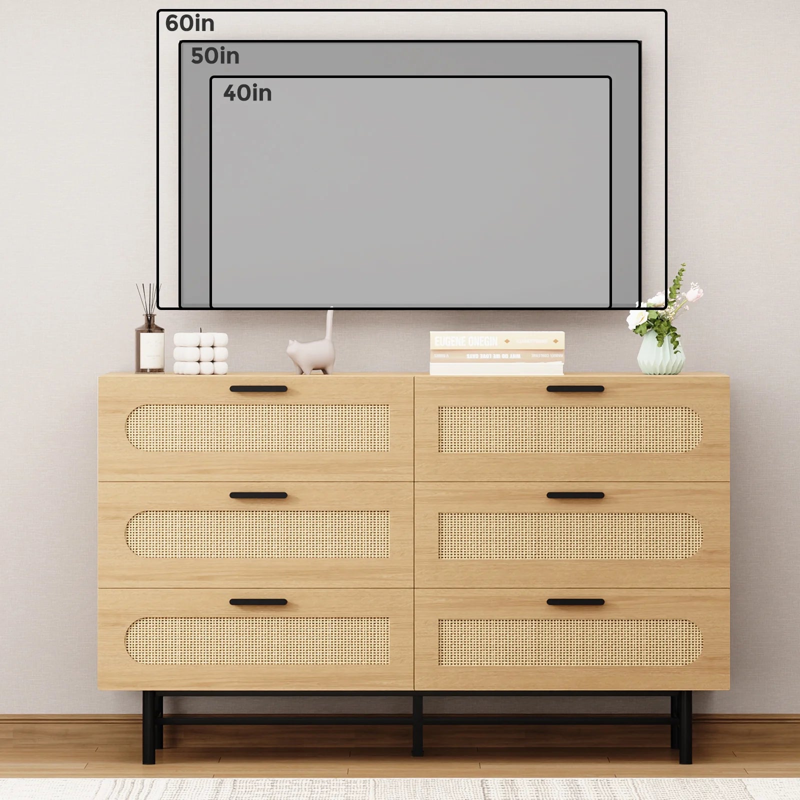 REHOOPEX 6 Drawer Dresser for Bedroom, Natural Rattan Chest of Drawers K6870