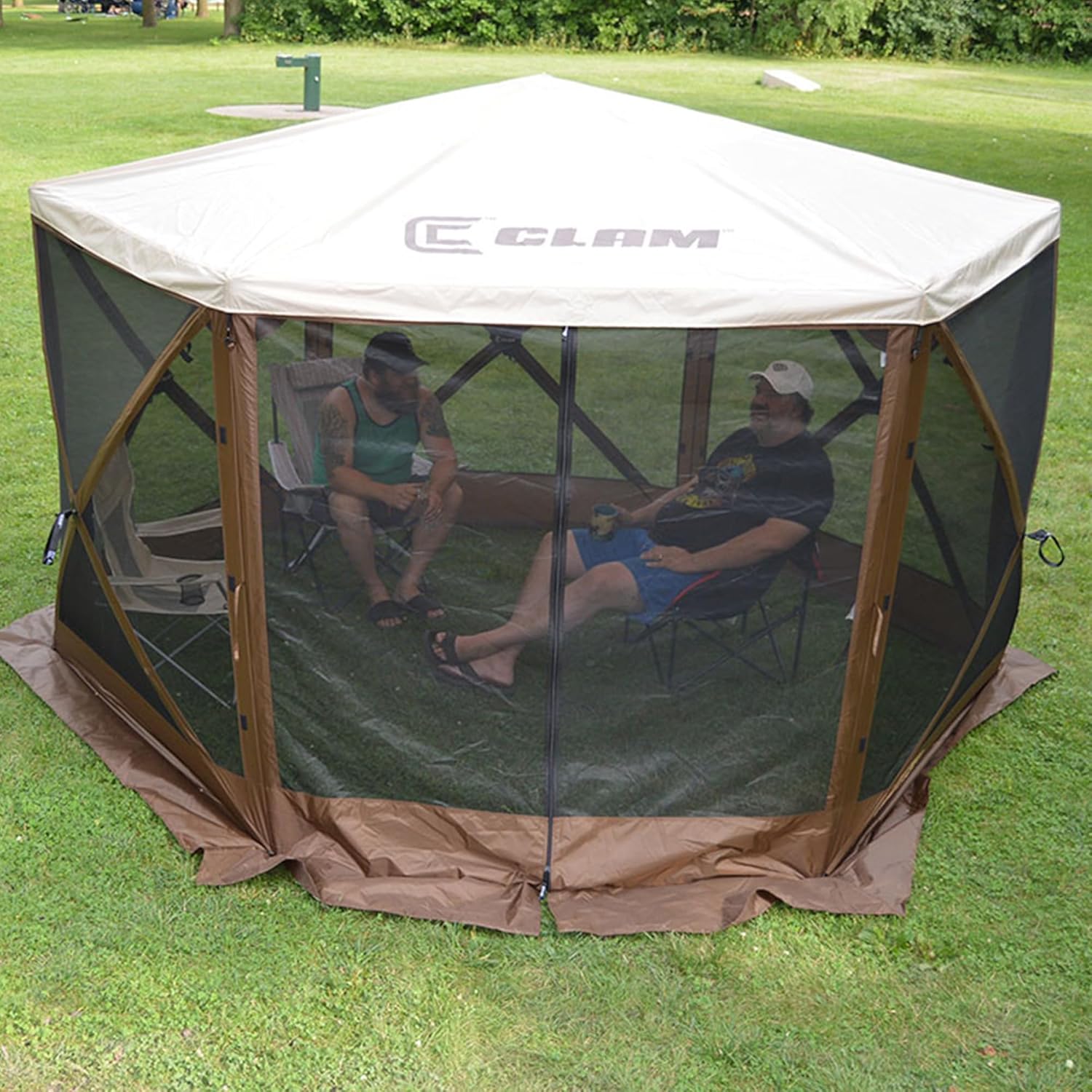 CLAM Quick-Set Outdoor Screened Gazebo Canopy Tent with Carry Bag, Tan X1595